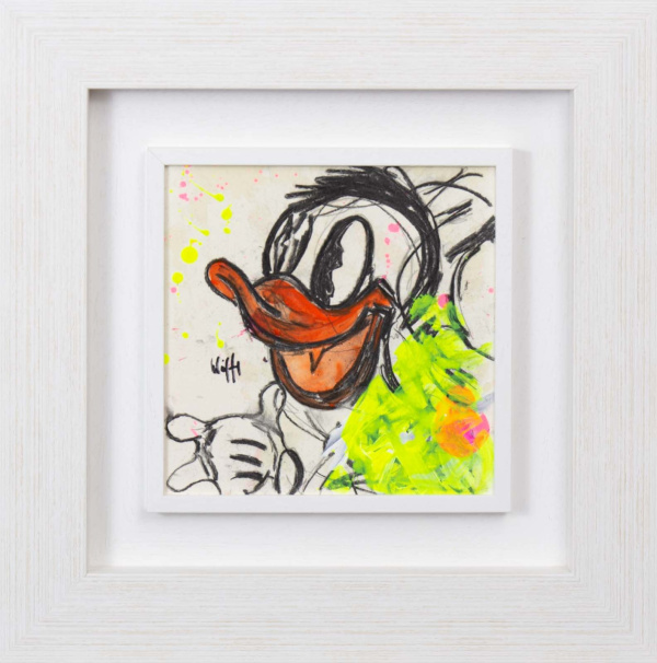 Dappy Duck inspired pop art painting with abstract lines and bright fluorescent yellow colours by artist Dietmar Wölfl