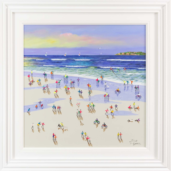 large colourful sunset beach painting by artist paola cassis with textured figures playing on the beach