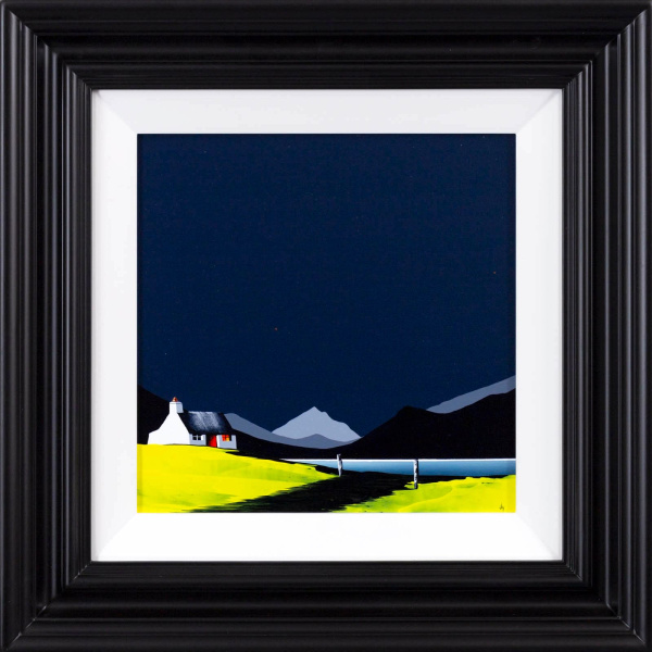 small original painting by Jay Nottingham with dark sky and lime green foreground and a cottage
