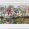 muted palette painting of an amsterdam canal scene with water reflections and canal boats by artist veronika benoni