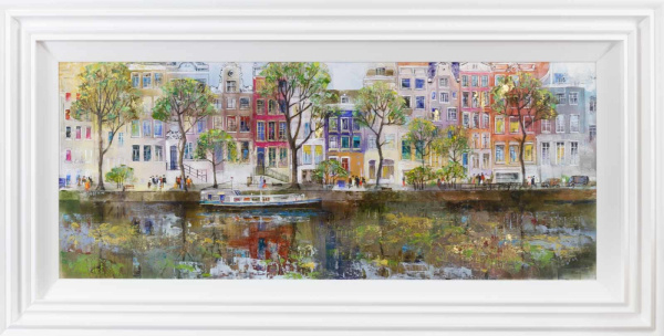 muted palette painting of an amsterdam canal scene with water reflections and canal boats by artist veronika benoni