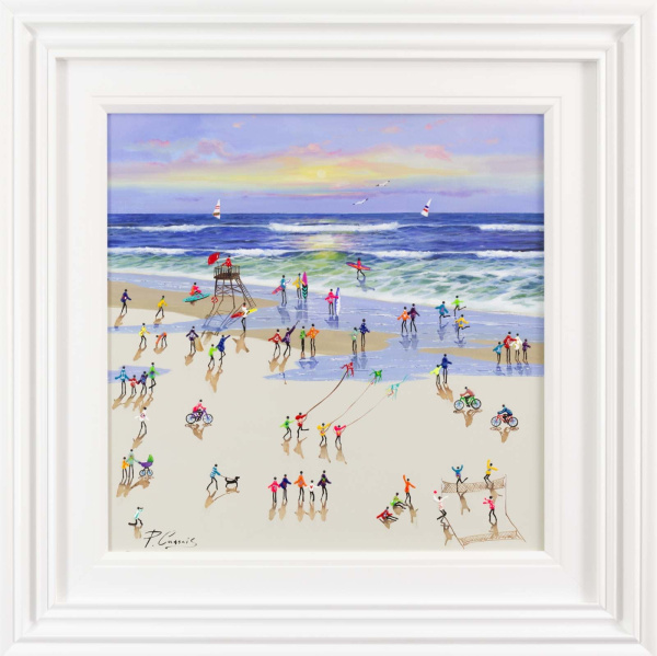 colourful sunset beach painting by artist paola cassis with textured figures playing on the beach