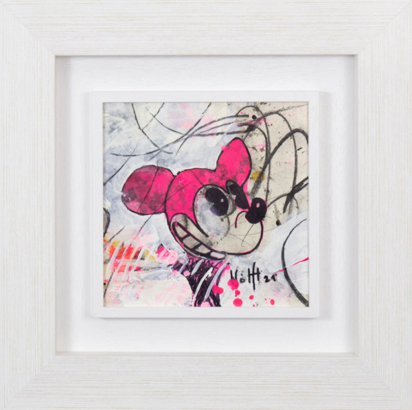 Micky mouse inspired pop art painting with abstract lines and bright pink colours by artist Dietmar Wölfl