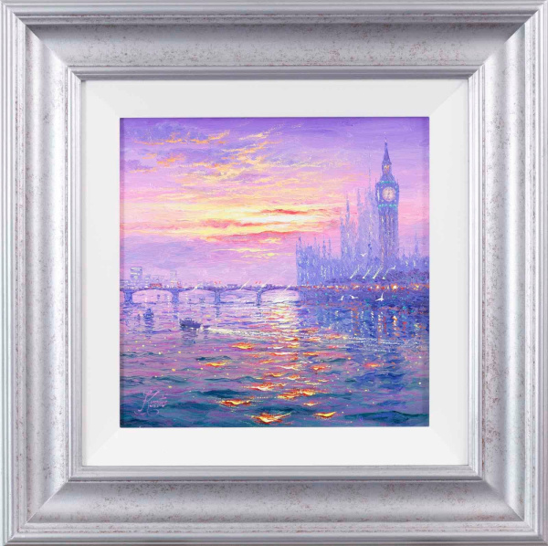 original oil painting of Big Ben and the Houses of Parliament on the River Thames by artist Andrew Grant Kurtis with gentle pastel hues and water reflections