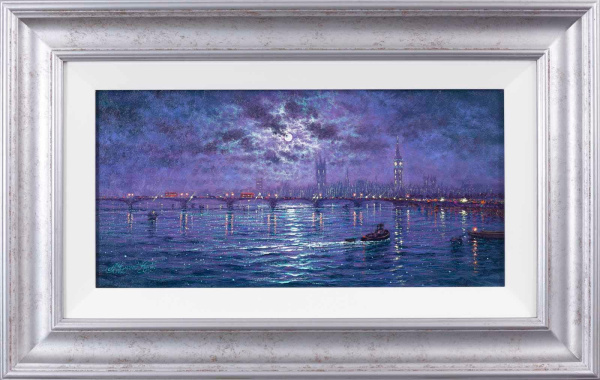 original oil painting with deep blues and purples picturing Big Ben on the River Thames under moonlight by artist Andrew Grant Kurtis