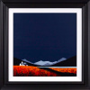 original painting of a dark indigo sky with distant mountains, a cottage and bright red foreground by Jay Nottingham
