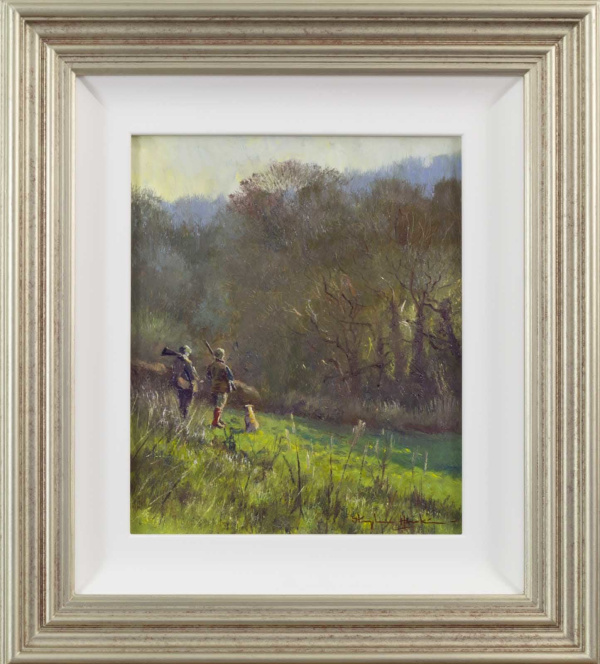 oil painting by stephen hawkins of two men with shotguns on a countryside shoot with warm sunlight and a dog
