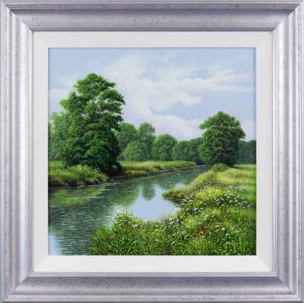 original oil painting of a quiet countryside waterway with green trees and long grasses and blue sky by artist Terence Grundy