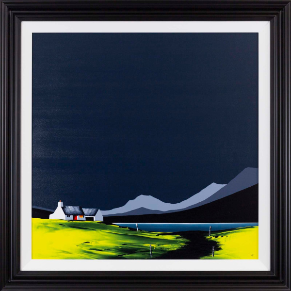 original painting by Jay Nottingham of a dark sky with bright green foreground and cottage