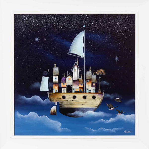 original painting in a fantasy style by artist Gary Walton with a flying boat against a night sky with stars