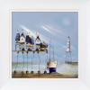 fantasy painting by artist Gary Walton of a rickety pier with cottages on top and a boat and distant lighthouse