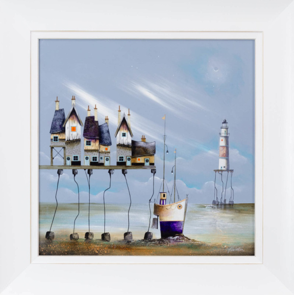 fantasy painting by artist Gary Walton of a rickety pier with cottages on top and a boat and distant lighthouse