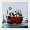 large original painting by artist Gary Walton of a deep red ship with crooked houses on top and a distant lighthouse in a fantasy style
