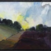 contemporary abstracted landscape with deep red hues in the foreground and a setting sun by British artist Paul west