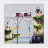 original painting by artist Gary Walton of a fantasy scene with a steam train running over an ornate bridge high above the sea