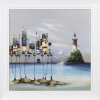 original painting by artist Gary Walton of a fantasy scene with wooden houses atop a rickety pier above the blue sea with a lighthouse in the distance