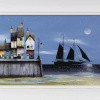 original painting of a nighttime fantasy harbour scene by artist Gary Walton with a distant sail ship outlined and lighthouse