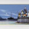 original painting by artist Gary Walton of a fantasy night time harbour town with distant lighthouse