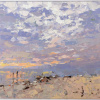 sunset coastal painting with peach and purple hues painted with palette knife by German artist Frank Getty