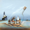 fantasy limited edition print by Gary Walton of a little hamlet upon the sand in a glass bottle