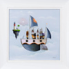 original painting in a fantasy style by artist Gary Walton with a flying boat and distant lighthouse on a floating island