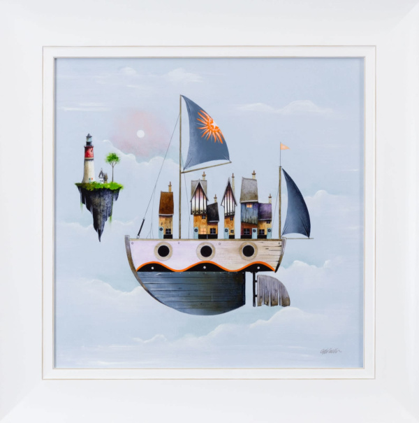 original painting in a fantasy style by artist Gary Walton with a flying boat and distant lighthouse on a floating island