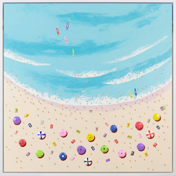 bright aerial beach painting with blue waters and lots of thick paint texture by Spanish artist Casimiro Perez