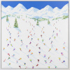 bright skiing painting of lots of skiers going down the slopes with thick textured paint and blue skies