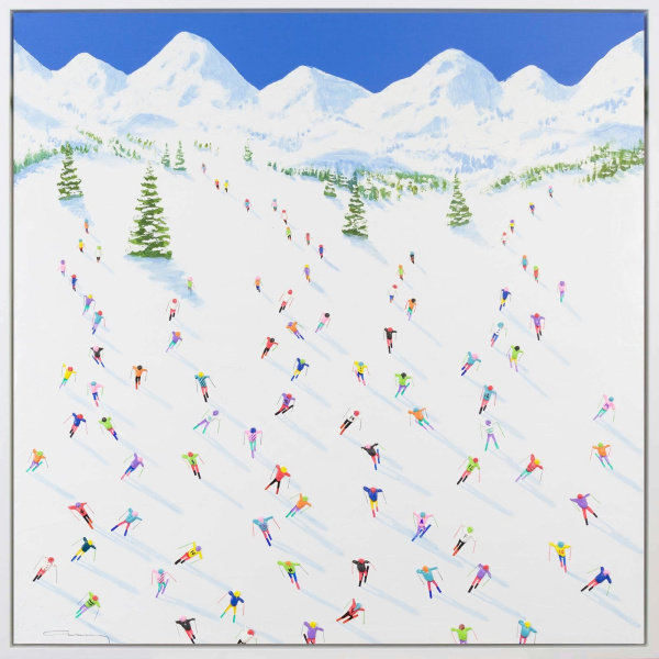bright skiing painting of lots of skiers going down the slopes with thick textured paint and blue skies