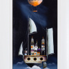 original painting in a fantasy style by artist Gary Walton with a flying boat and hot air balloon above set against a night sky