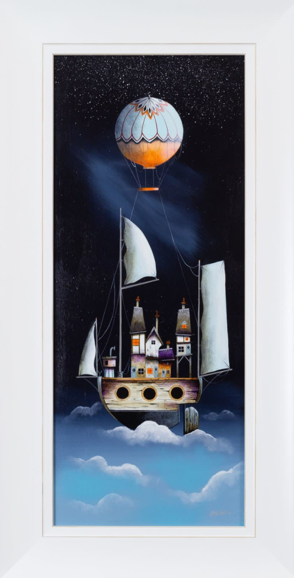 original painting in a fantasy style by artist Gary Walton with a flying boat and hot air balloon above set against a night sky