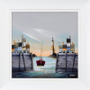 original painting by artist Gary Walton of a boat in the harbour with houses high above on the harbour walls and a distant lighthouse in a fantasy style