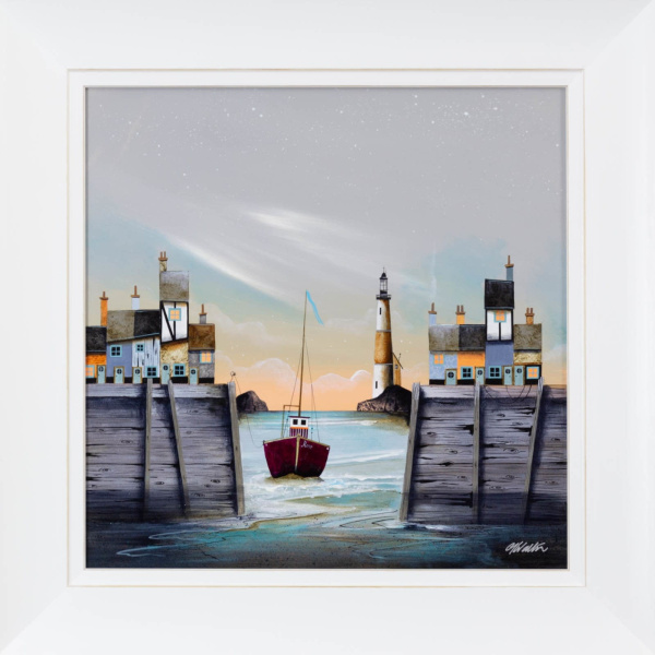 original painting by artist Gary Walton of a boat in the harbour with houses high above on the harbour walls and a distant lighthouse in a fantasy style