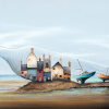 fantasy style print by artist Gary Walton of a little row of houses within a glass bottle resting on the sand