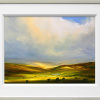 striking contemporary landscape painting with deep blue storm clouds and sunlit fields by artist harry brioche