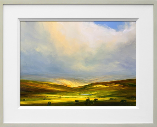 striking contemporary landscape painting with deep blue storm clouds and sunlit fields by artist harry brioche