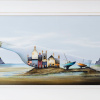 original painting by artist Gary Walton of a little collection of houses in a glass bottle on the beach with a distant lighthouse