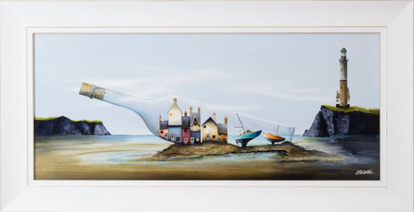 original painting by artist Gary Walton of a little collection of houses in a glass bottle on the beach with a distant lighthouse
