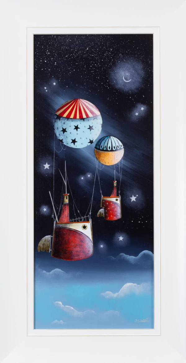 original painting in a fantasy style by artist Gary Walton with two red flying ships with hot air balloons set against the night sky with stars and a moon