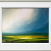 striking contemporary landscape painting with deep blue storm clouds and sunlit fields by artist harry brioche