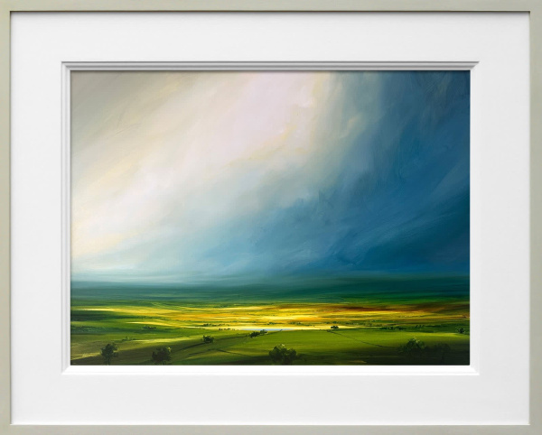 striking contemporary landscape painting with deep blue storm clouds and sunlit fields by artist harry brioche