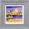 fun and bright harbour painting by artist Rozanne Bell with purple hues and a windmill