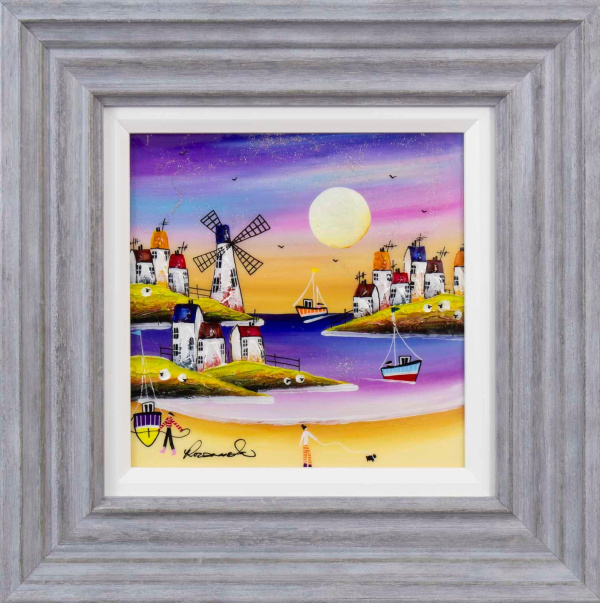 fun and bright harbour painting by artist Rozanne Bell with purple hues and a windmill