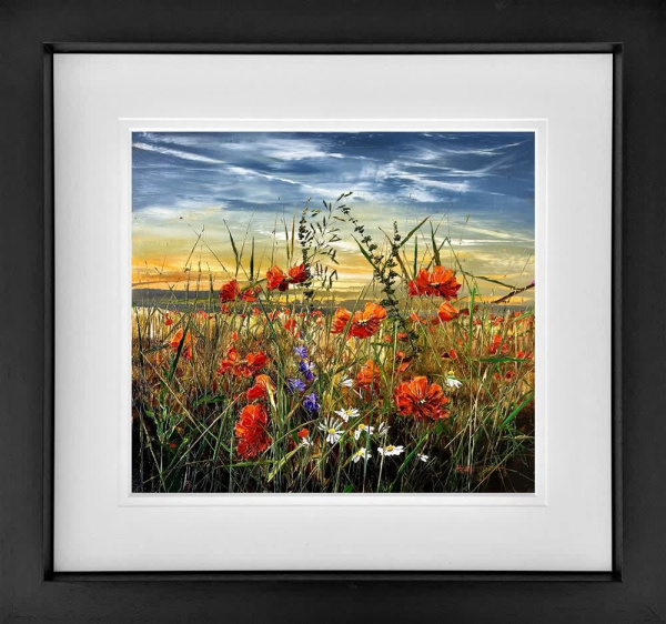 limited edition print by artist Kimberley Harris with red poppies and a dusk sky