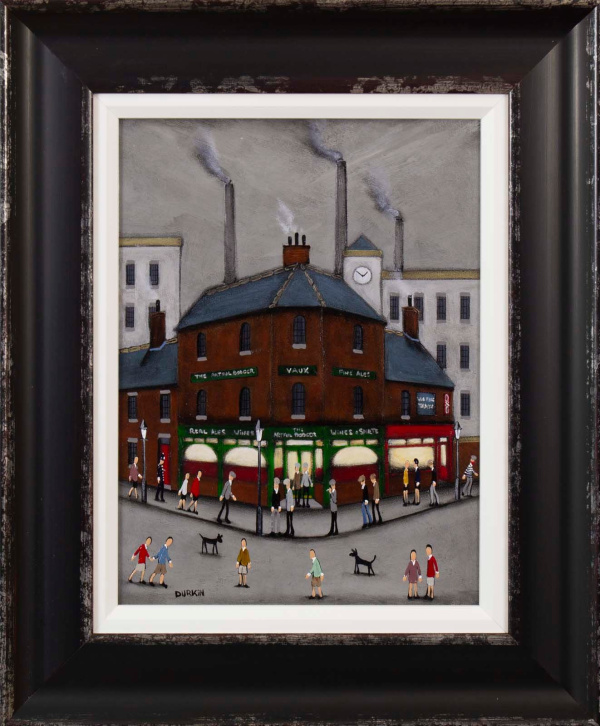 original oil painting by Sean Durkin in the style of LS Lowry with smoking chimneys and grey tones