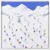 fun filled skiing painting with textured paint throughout and blue skies by artist Casimiro Perez
