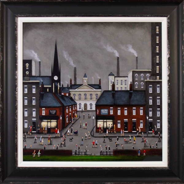 original street scene painting by artist Sean Durkin with industrial scene in the style of LS Lowry
