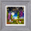 fantasy style original painting by artist roz bell of cottages under a moonlit sky with bright pinks and greens
