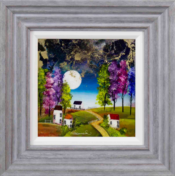 fantasy style original painting by artist roz bell of cottages under a moonlit sky with bright pinks and greens