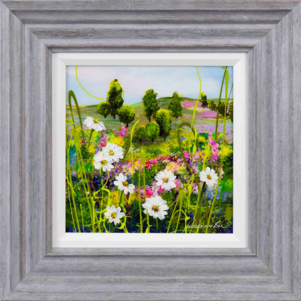 meadow painting by artist Rozanne Bell with vibrant greens and daisy flowers